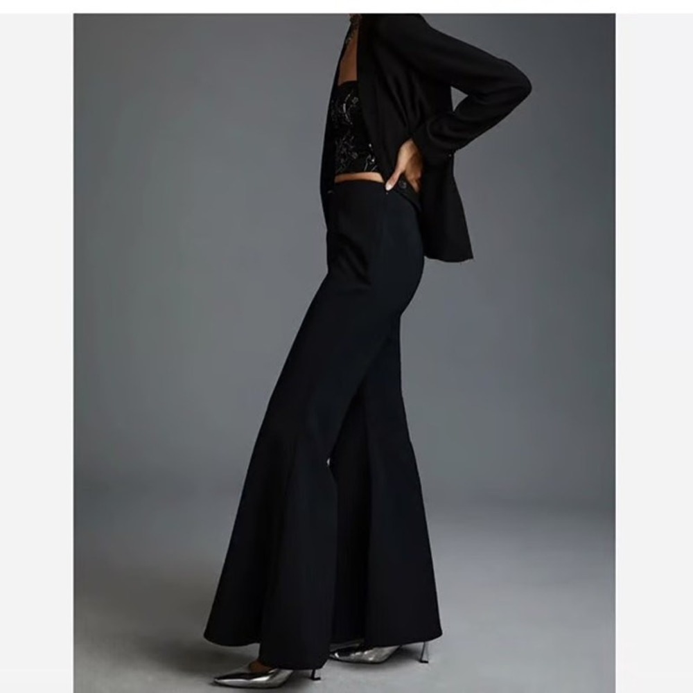 Anthropologie Flare Trousers Black Size 10 High Rise Wide Leg Statement Chic - Picture 10 of 10